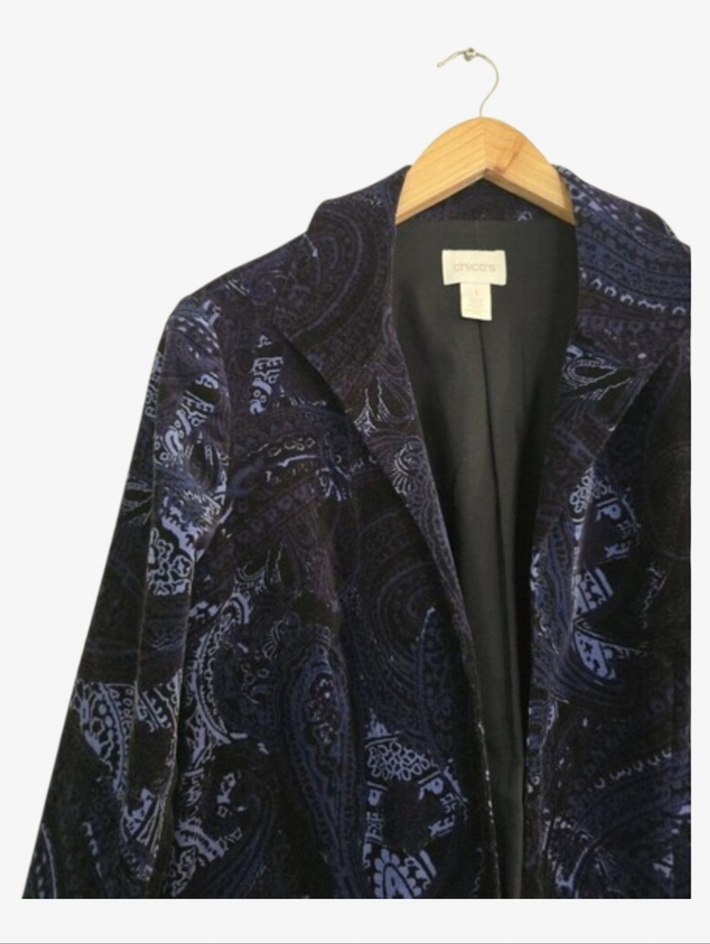 Chico's Velvet Paisley Jacket Womens Medium Blue Black Open Front Blazer - Picture 4 of 11